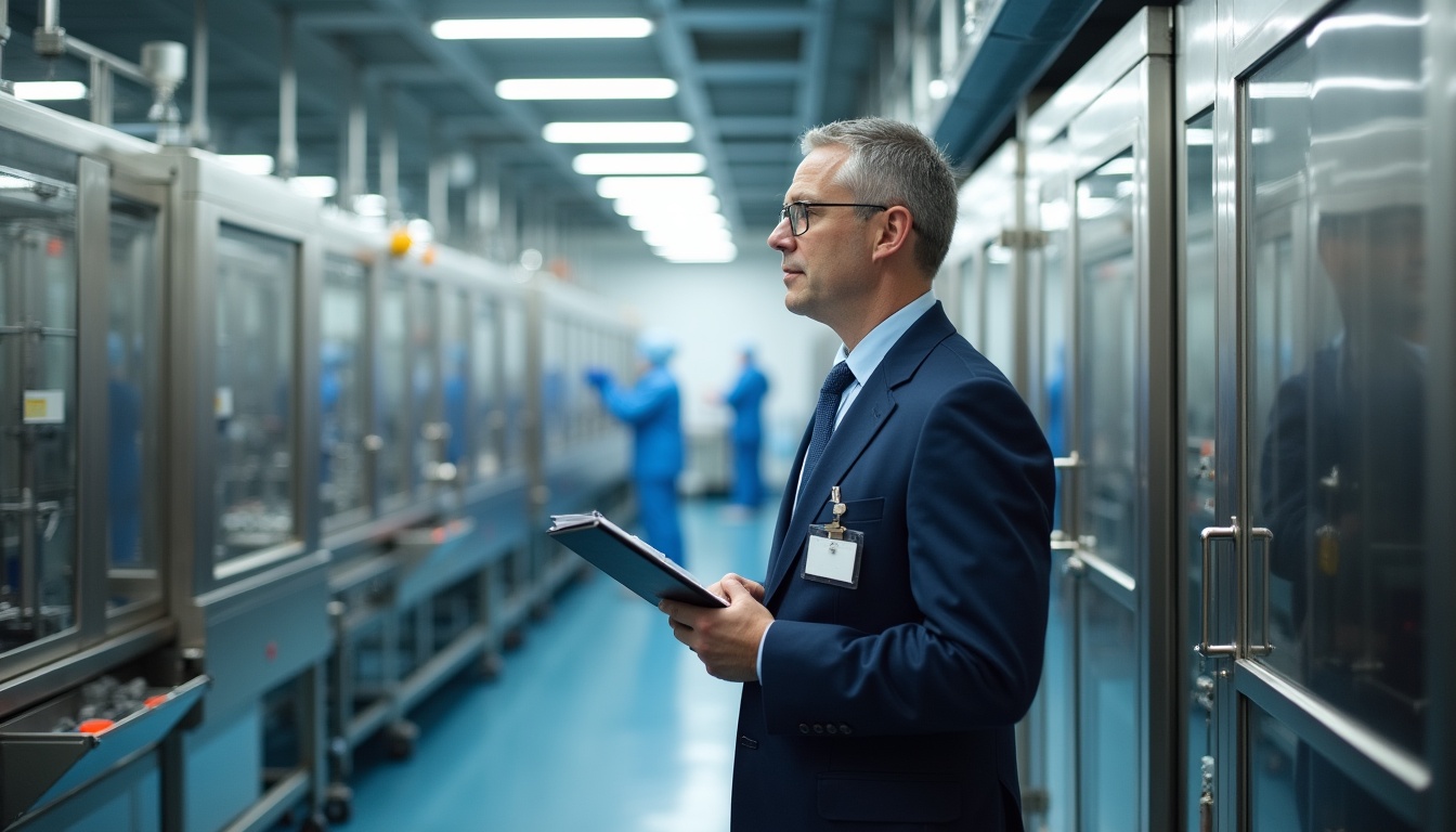 FDA inspector reviewing a manufacturing production line and quality-control operations
